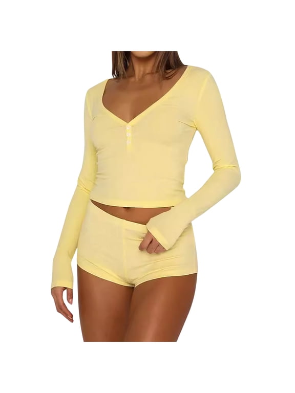 2 Piece Pajama Sets for Women Ribbed Knit Sleepwear V Neck Long Sleeve Crop Top and Shorts Lounge Set