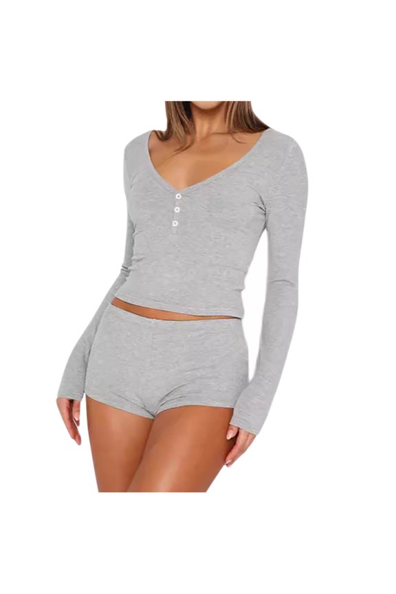 2 Piece Pajama Sets for Women Ribbed Knit Sleepwear V Neck Long Sleeve Crop Top and Shorts Lounge Set