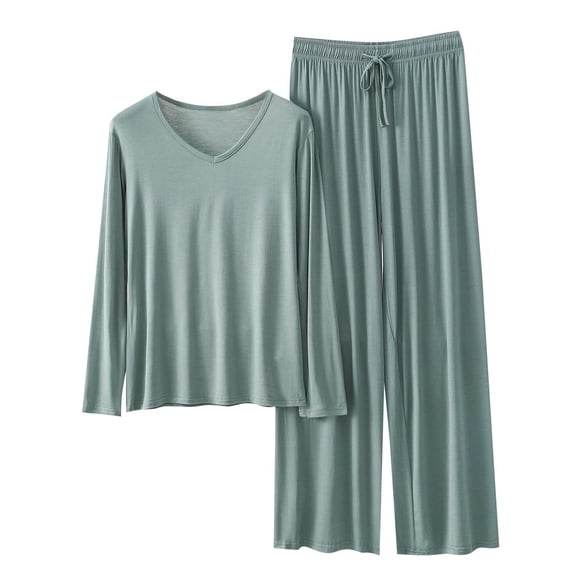 XuJwPNcy 2 Piece Pajama Sets for Women V Neck Long Sleeve Tops with Wide Leg Pants Loose Comfy Lounge Sets
