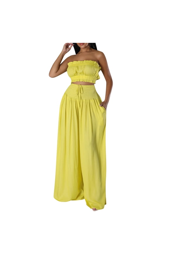 2 Piece Sets for Women Sleeveless Pleated Crop Tube Tops and High Waist Wide Leg Pants Sets Summer Vacation Outfits