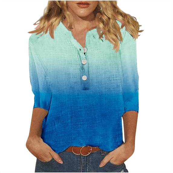 XuJwPNcy 3/4 Length Sleeve Womens Tops Button down Summer V Neck Shirts Casaul Fashion Print Clothes