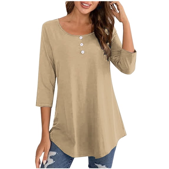 Yuzhih 3/4 Length Sleeve Womens Tops Button up Crew Neck Summer Tunic Tops Solid Color Basic Tees