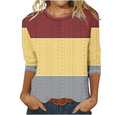 Yuzhih 3/4 Length Sleeve Womens Tops Casual Loose Crew Neck Hollow out T Shirts Summer Color Block Basic Tees 2024