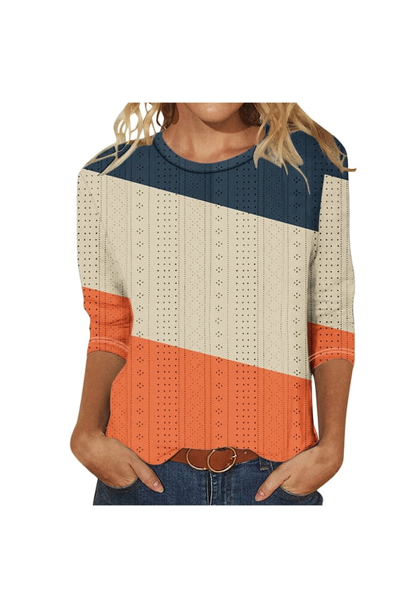 3/4 Length Sleeve Womens Tops Casual Loose Crew Neck Hollow out T Shirts Summer Color Block Basic Tees