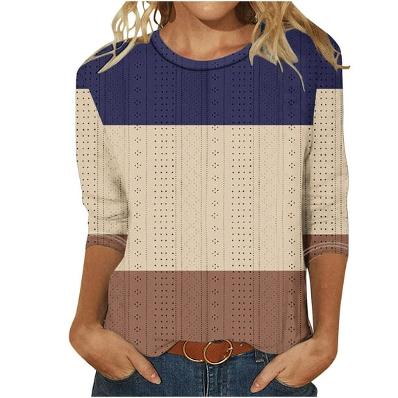 XuJwPNcy 3/4 Length Sleeve Womens Tops Casual Loose Crew Neck Hollow out T Shirts Summer Color Block Basic Tees