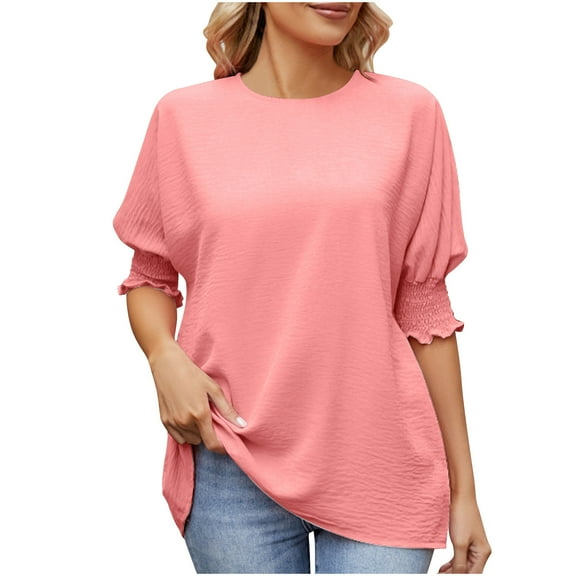 XuJwPNcy 3/4 Puff Sleeve Tops for Women Dressy Casual Crew Neck Tshirts Fashion Spring Summer Blouse Tunics