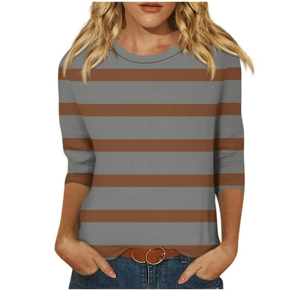 Yuzhih 3/4 Sleeve Shirts for Women Fall Casual Round Neck Tshirt Tunic Loose Blouse Tees Soft Comfy Tops