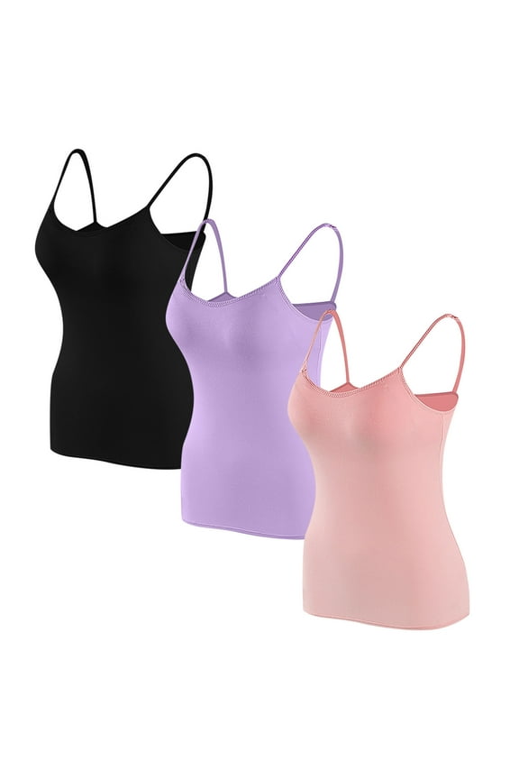 3 PCS Womens Camisole Tops with Built in Padded Bras Basic Cami Shirts Adjustable Spaghetti Strap Base Layer