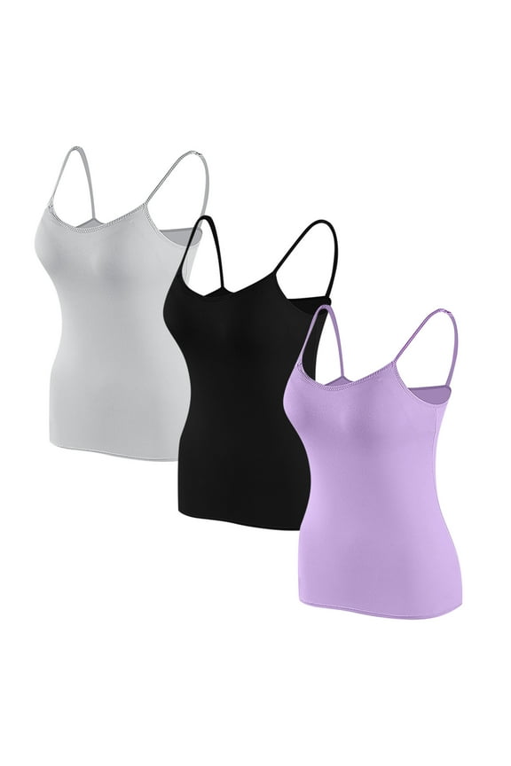 3 PCS Womens Camisoles Tops with Built in Padded Bras Basic Cami Shirts Adjustable Spaghetti Strap Base Layer