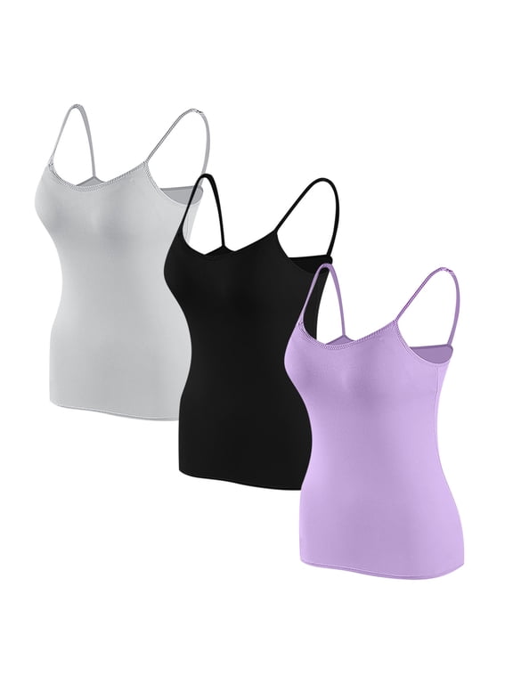 3 PCS Womens Camisoles Tops with Built in Padded Bras Basic Cami Shirts Adjustable Spaghetti Strap Base Layer
