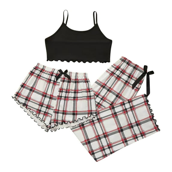 XuJwPNcy 3 Piece Pajama Sets for Women Fashion Crop Cami Top Short Pant and Pant Summer Sleepwear Set