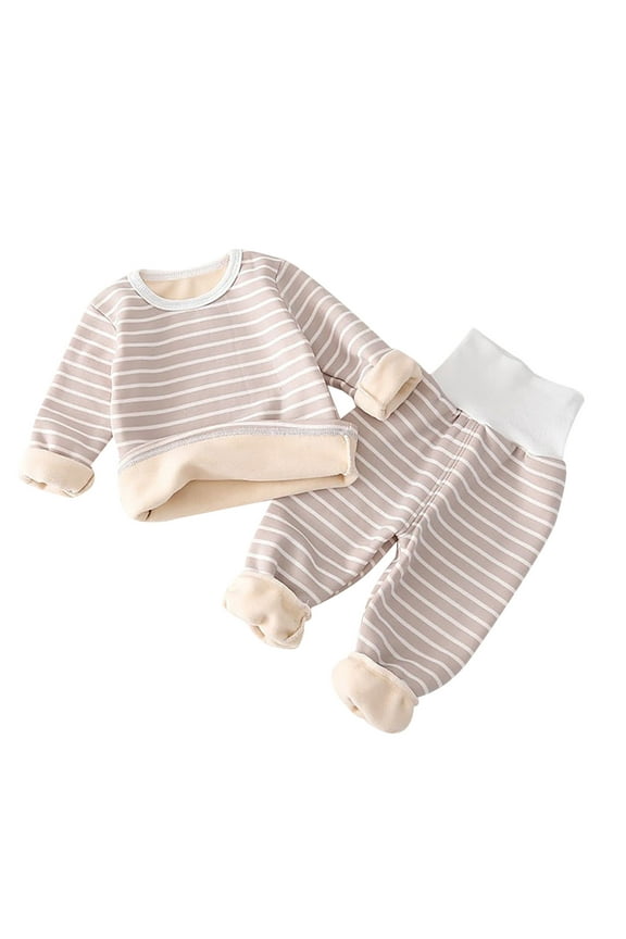 Baby Boys Girls Striped 2 Piece Set Fleece Lined Thermal Base Layer Tops High Waisted Pants Thermal Underwear Sets