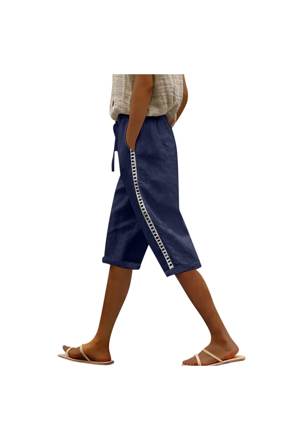 Bermuda Shorts for Women Knee Length Drawstring Shorts High Waisted Cotton Linen Long Shorts Casual Beach Shorts