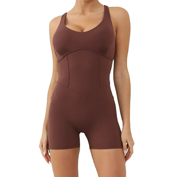 XuJwPNcy Bodysuit for Women Cross Back Sleeveless Short Rompers Seamless Gym Athletic Workout Outfits with Bra