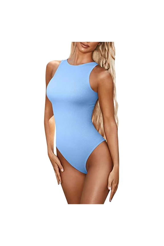 Bodysuit for Women Sleeveless Crewneck Jumpsuits Slim Basic Romper Seamless Ribbed Yoga Gym Playsuit