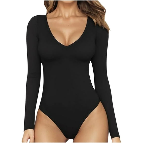 XuJwPNcy Bodysuits for Women V Neck Long Sleeve Tops Casual Slimming Stretchy Shapewear Athletic Workout Rompers
