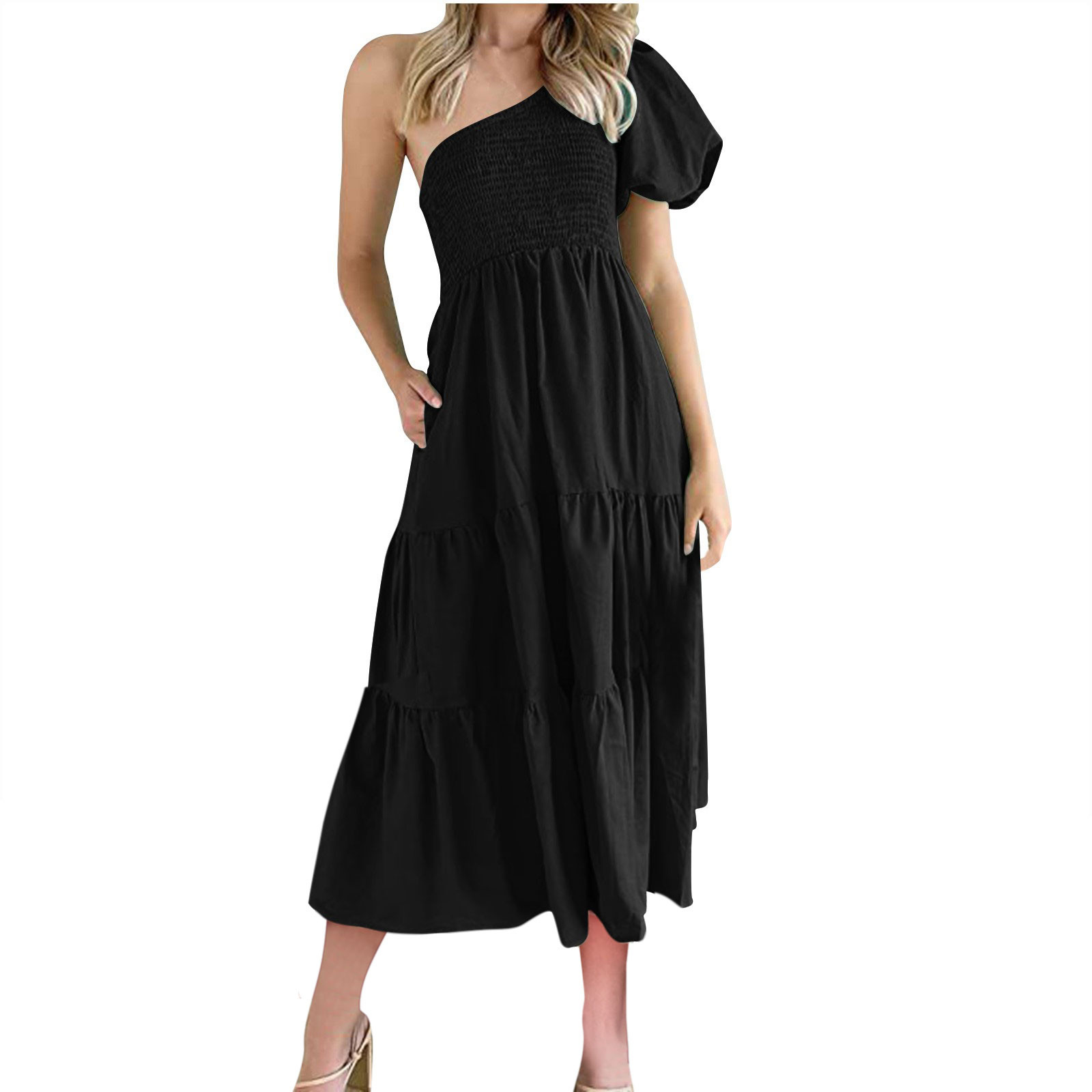 Yuzhih Boho Dresses for Women One-Shoulder Smocked Midi Dress Short ...
