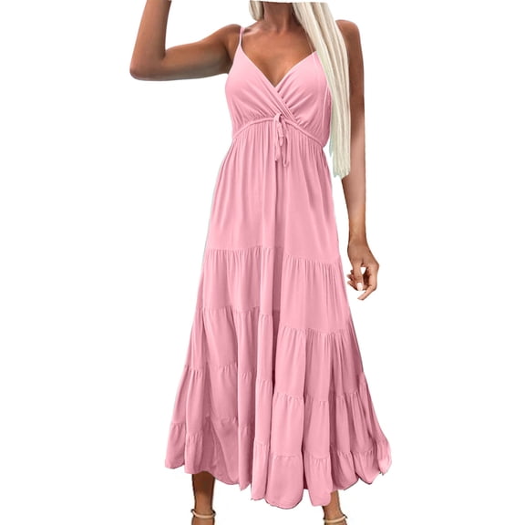 XuJwPNcy Boho Dresses for Women Sleeveless Ruffle Tiered Cami Dresses Wrap V Neck Drawstring Belted Maxi Dress