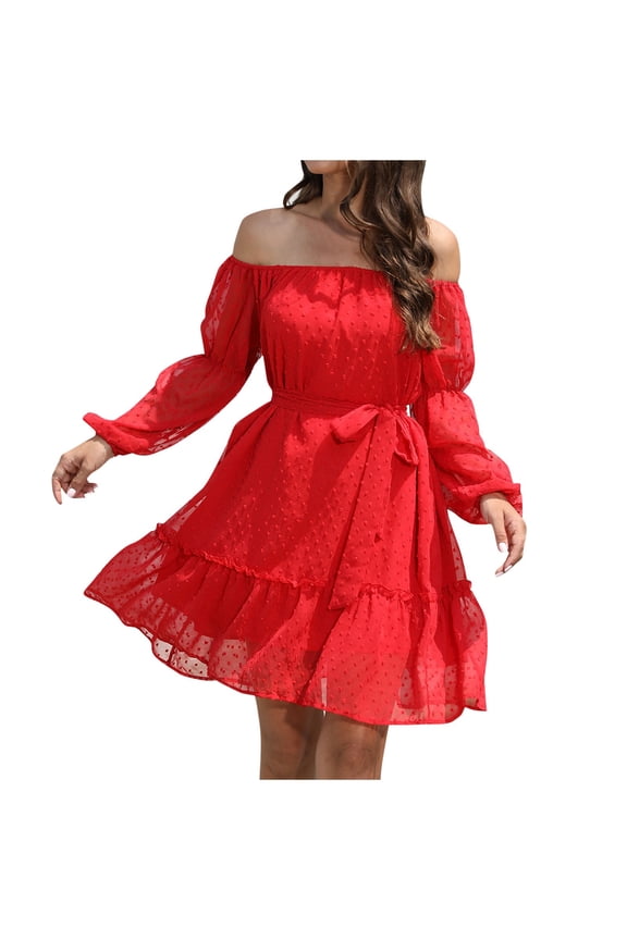 Boho Dresses for Women Cold Shoulder Long Puff Sleeve Dress Summer Beach Sundresses with Belt