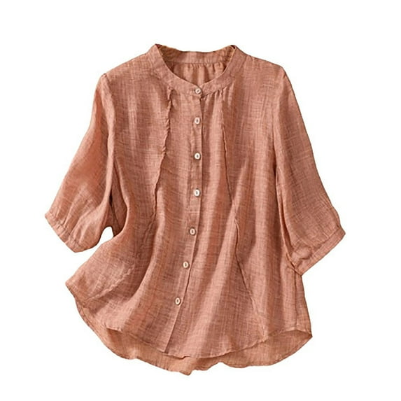 XuJwPNcy Button down Shirts Women half Sleeve Cotton Linen Top Casual Summer Solid Color Blouse Loose Comfy Tunic Clothes