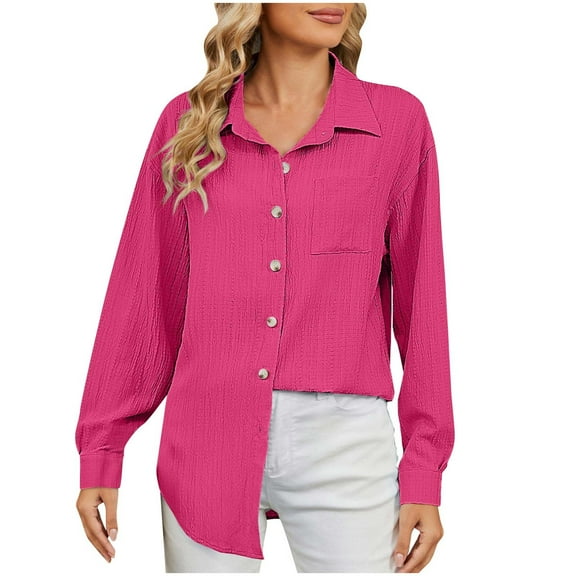 XuJwPNcy Button down Shirts for Women Casual Long Sleeve Shirt Textured Loose Collared V Neck Blouse Tops