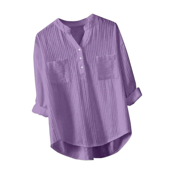 XuJwPNcy Button down Shirts for Women Collared V Neck Long Sleeve Tops with Pockets Trendy Solid Curvy Hem Blouse