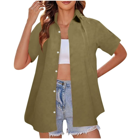 XuJwPNcy Button down Shirts for Women Short Sleeve Solid Color Blouses Dressy Casual V Neck Summer Tops