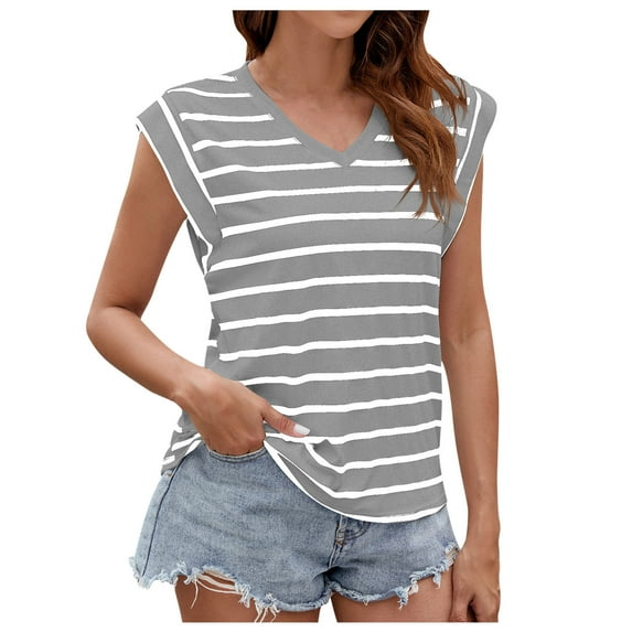 Yuzhih Cap Sleeve Tshirts for Women Fashion Summer Striped V Neck Tank Tops Baggy Comfy Tunic Tops 2024