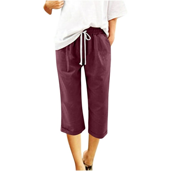 Yuzhih Capri Pants for Women Casual 2024 Summer Drawstring Cotton Linen Pants Wide Leg Elastic High Waist Lounge Capris