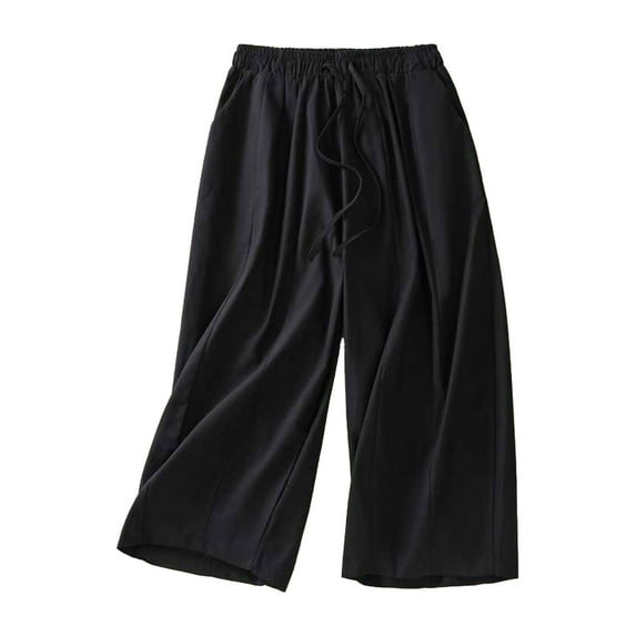 Yuzhih Capri Pants for Women Casual Cotton Linen Wide Leg Pants Elastic Waist Drawstring Capris with Pockets