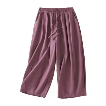 Yuzhih Capri Pants for Women Casual Cotton Linen Wide Leg Pants Elastic Waist Drawstring Capris with Pockets