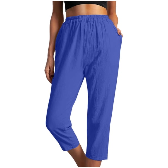 XuJwPNcy Capri Pants for Women Casual Loose Cotton Liene Pants Elastic High Waist Straight Leg Pants with Pockets