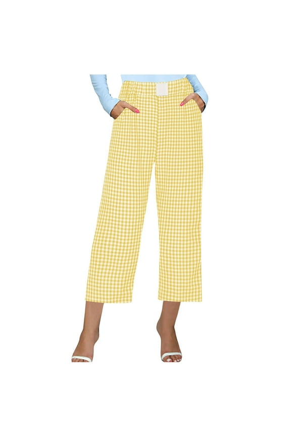 Capri Pants for Women Elastic High Waisted Plaid Printed Cropped Pants Summer Casual Straight Leg Capris
