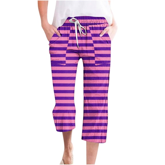 XuJwPNcy Capri Pants for Women Striped Print Drawstring Elastic Waist Capris Summer Casual Straight Leg Pant with Pockets