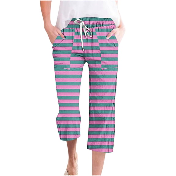 XuJwPNcy Capri Pants for Women Striped Print Drawstring Elastic Waist Capris Summer Casual Straight Leg Pant with Pockets