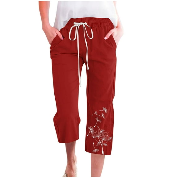 XuJwPNcy Capri Pants for Women Summer Casual Drawstring Waisted Straight Leg Trousers Printed Cropped Pants with Pockets