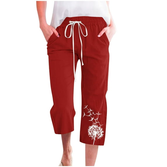 XuJwPNcy Capri Pants for Women Summer Casual Drawstring Waisted Straight Leg Trousers Printed Cropped Pants with Pockets