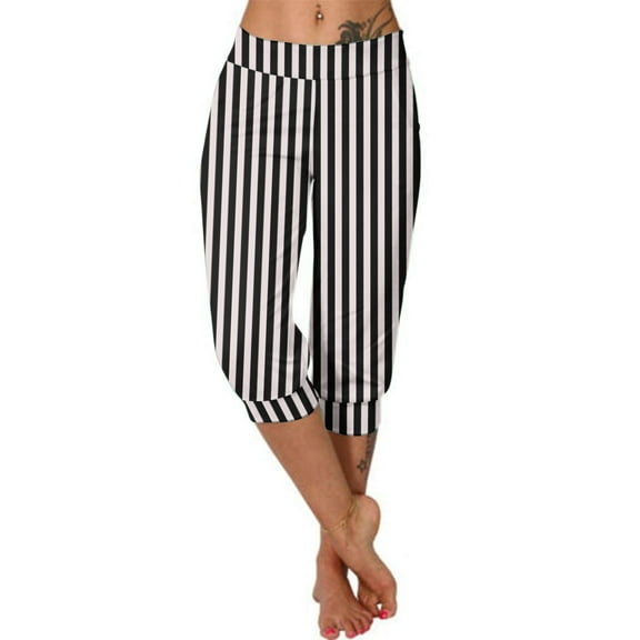 XuJwPNcy Capri Pants for Women Summer Stripe Print Cinch Bottom Capris Casual Elastic Waist Soft Active Stretch Pants