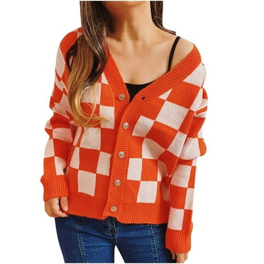 Yuzhih Cardigan Sweaters for Women V Neck Button down Long Sleeve Open Front Plaid Knit Cardigans Sweater Tops