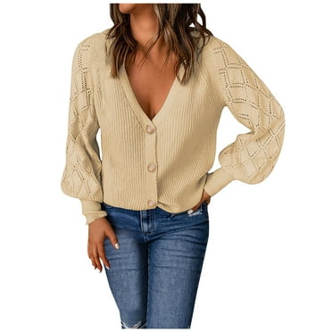 Yuzhih Cardigan Sweaters for Womens V Neck Lantern Sleeve Button down Open Front 2024 Fall Hollow out Sweater Tops