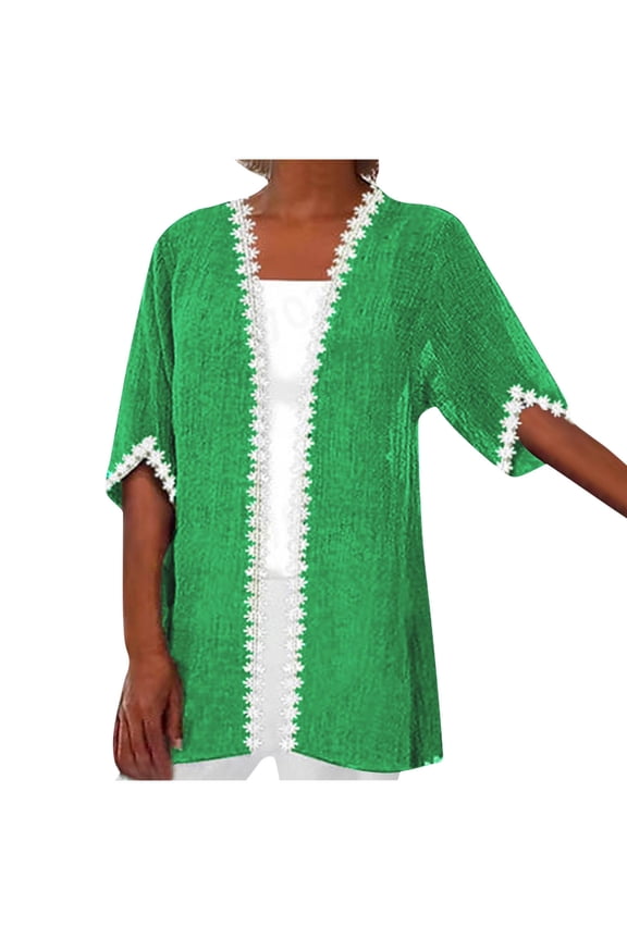 Cardigans for Women Summer Lightweight Open Front Cardigan Casual Lace Half Sleeve T-Shirt Solid Plus Size Blouse