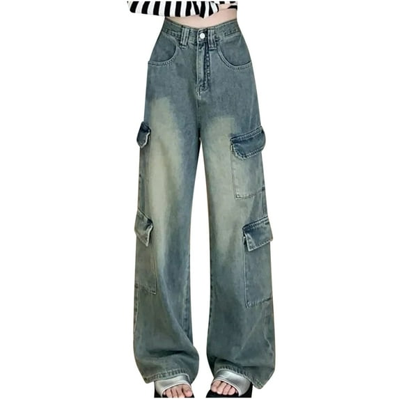 XuJwPNcy Cargo Jeans for Women High Waist Baggy Cargo Pants Wide Leg Denim Jeans Streetwear Trousers with Flap Pocket