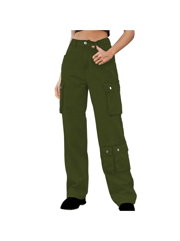 Cargo Jeans for Women High Waisted Flap Pocket Denim Pants Straight Wide Leg Trendy Streetwear Trousers
