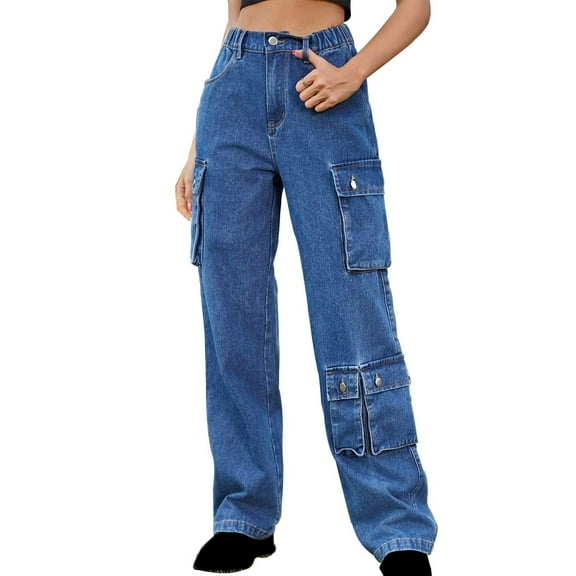 XuJwPNcy Cargo Jeans for Women High Waisted Flap Pocket Denim Pants Straight Wide Leg Trendy Streetwear Trousers