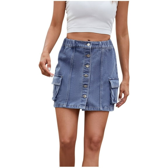 XuJwPNcy Cargo Mini Jean Skirts for Women Elastic Middle Waist Button down Bodycon Denim Skirt with Flap Pockets