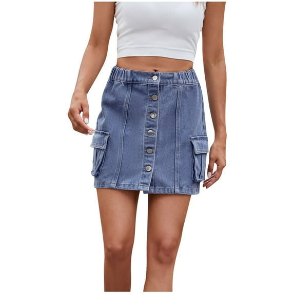 XuJwPNcy Cargo Mini Jean Skirts for Women Elastic Middle Waist Button down Bodycon Denim Skirt with Flap Pockets