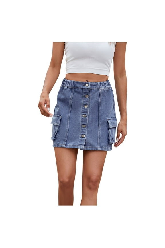 Cargo Mini Jean Skirts for Women Elastic Middle Waist Button down Bodycon Denim Skirt with Flap Pockets