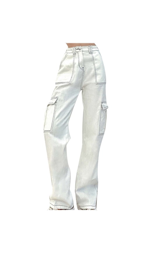 Cargo Pants Women High Waist Loose Pocket Jeans Stretch Wide Leg Denim Trousers Baggy Streetwear