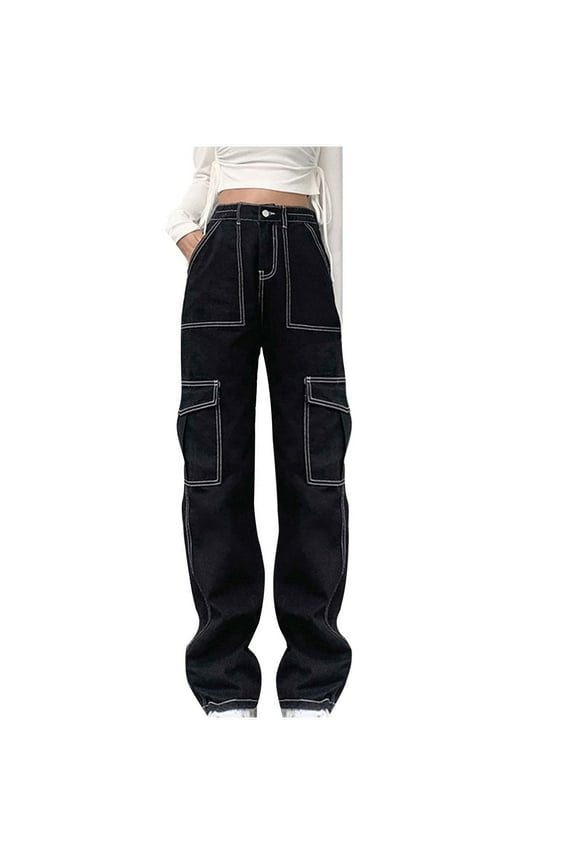 Cargo Pants Women High Waist Loose Pocket Jeans Stretch Wide Leg Denim Trousers Baggy Streetwear