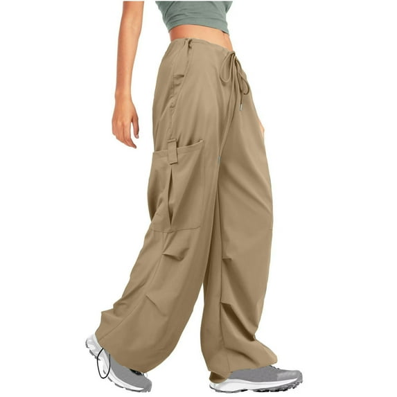 XuJwPNcy Cargo Pants for Women Baggy Wide Leg Hiking Pants Elastic Waist Drawstring Sports Pant Trendy with Pockets